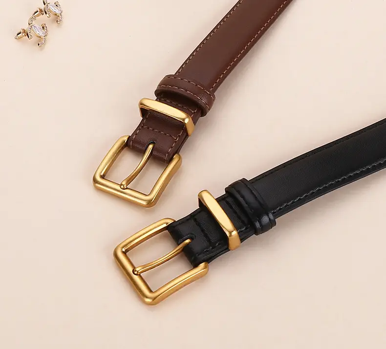 Women's Genuine Leather Belt Black Brown Gold Buckle 25cm — feature 25