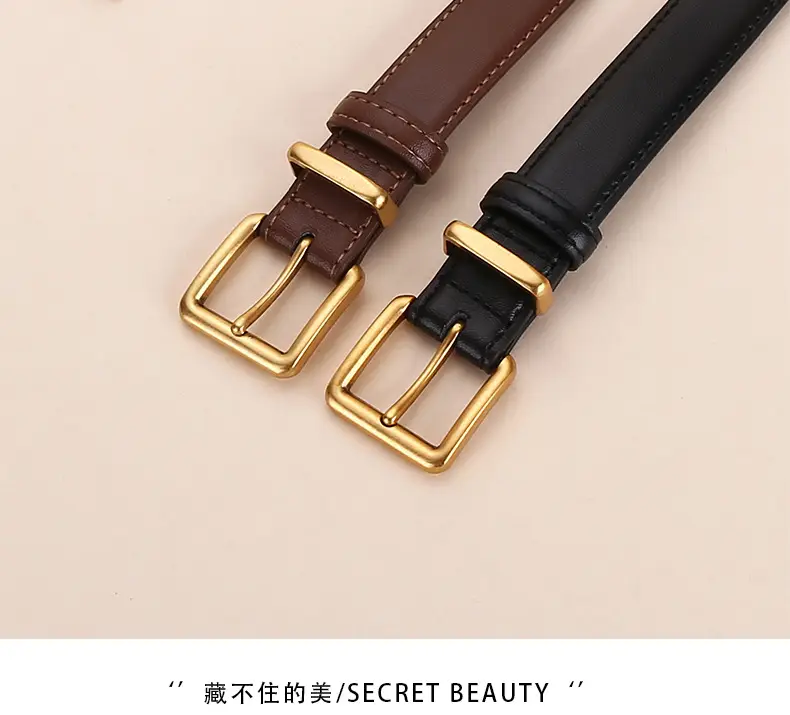 Women's Genuine Leather Belt Black Brown Gold Buckle 25cm — feature 3