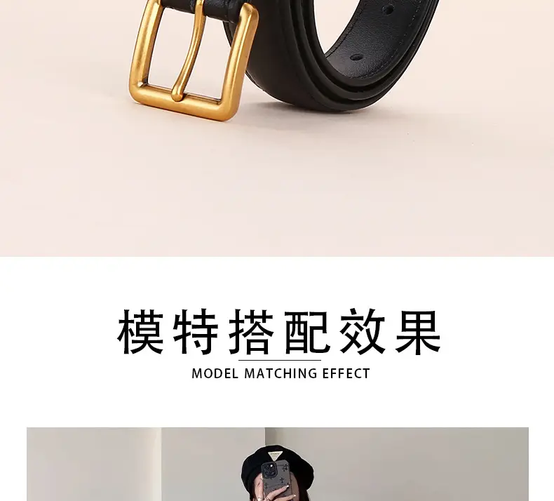 Women's Genuine Leather Belt Black Brown Gold Buckle 25cm — feature 5