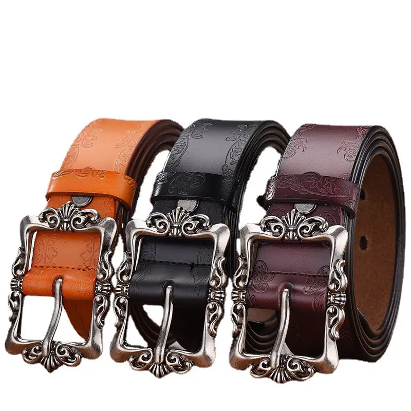 Women's Vintage Cowhide Belt with Embossed Buckle - Image 11