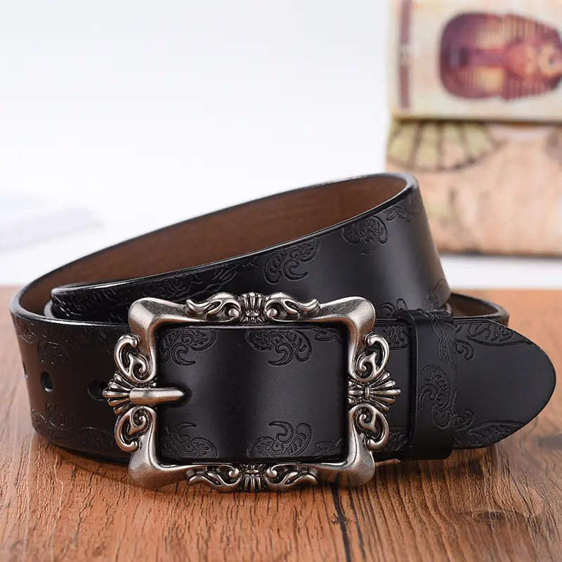 Women's Vintage Cowhide Belt with Embossed Buckle - Image 12