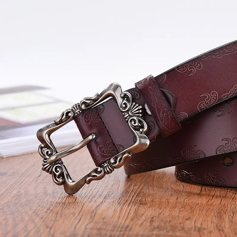 Women's Vintage Cowhide Belt with Embossed Buckle - Image 13