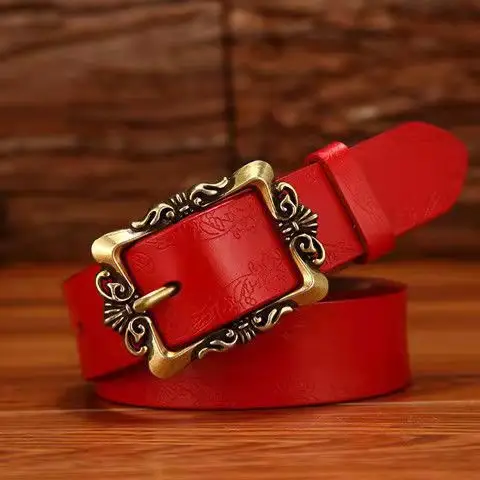 Women's Vintage Cowhide Belt with Embossed Buckle - Image 14