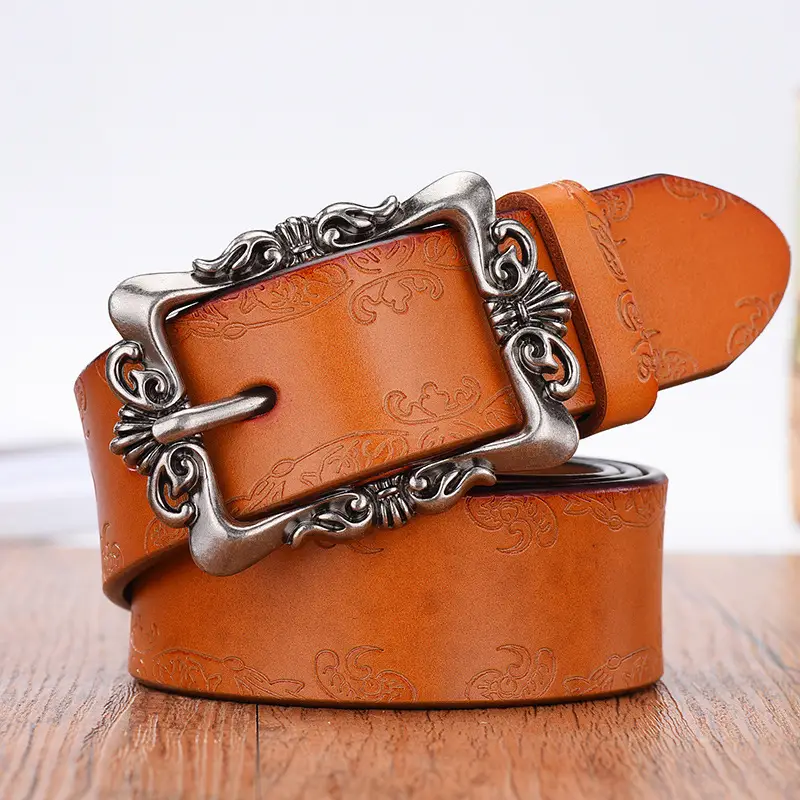 Women's Vintage Cowhide Belt with Embossed Buckle — feature 10