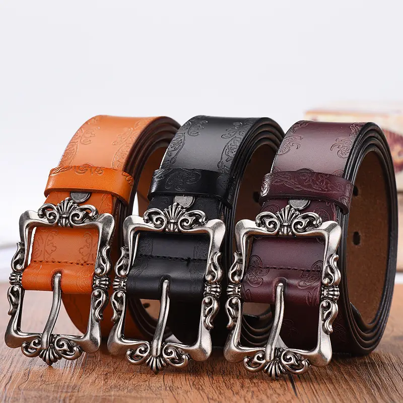 Women's Vintage Cowhide Belt with Embossed Buckle — feature 7