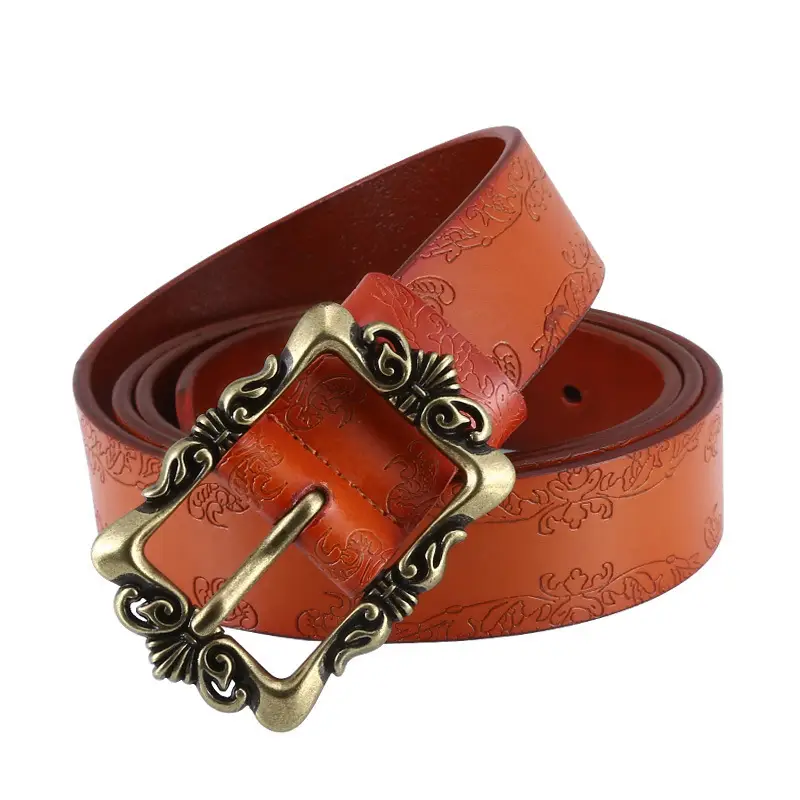Women's Vintage Cowhide Belt with Embossed Buckle - Image 5