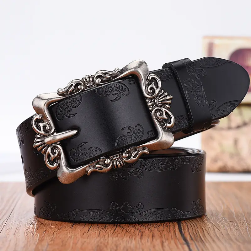 Women's Vintage Cowhide Belt with Embossed Buckle - Image 6