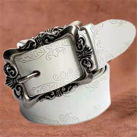 Women's Vintage Cowhide Belt with Embossed Buckle - Image 8