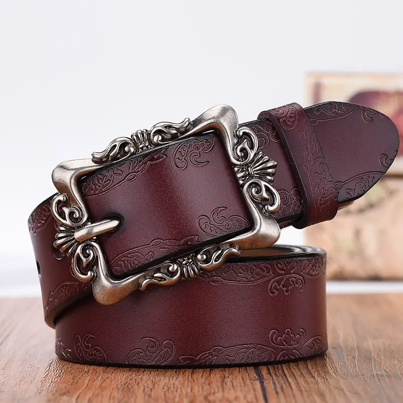 Women's Vintage Cowhide Belt with Embossed Buckle - Image 9