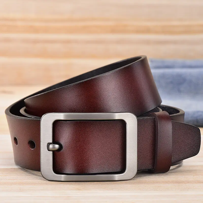 Men's Free Punch Belt Pure Leather Brown Pin Buckle - Image 9