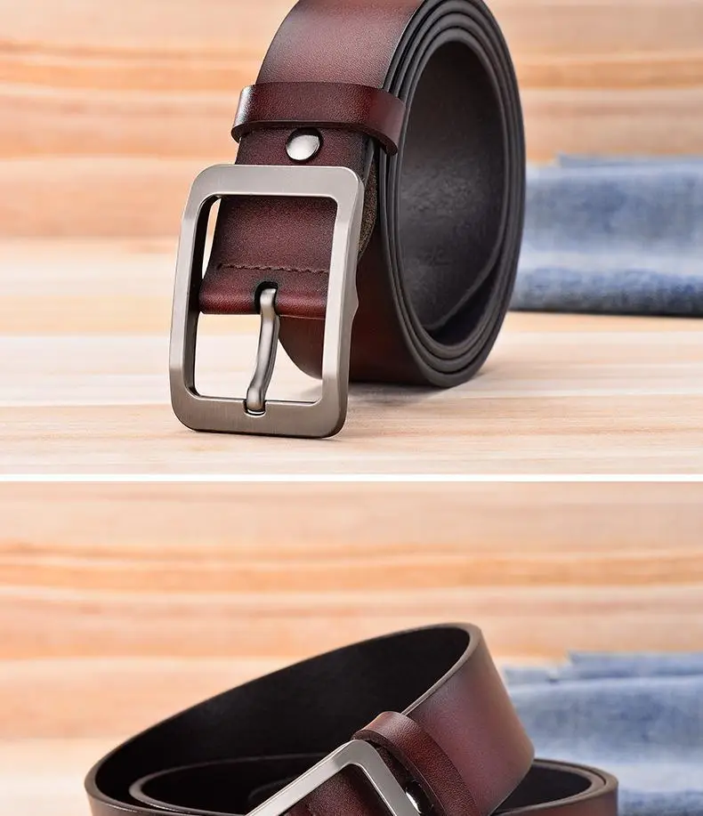 Men's Free Punch Belt Pure Leather Brown Pin Buckle — feature 11