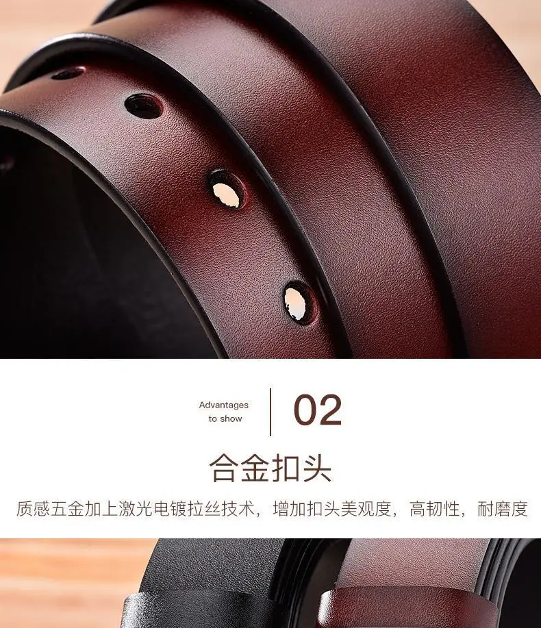 Men's Free Punch Belt Pure Leather Brown Pin Buckle — feature 5