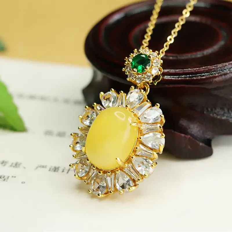 Aiyu Yellow Honey Amber Necklace Women's Gold Plated Pendant
