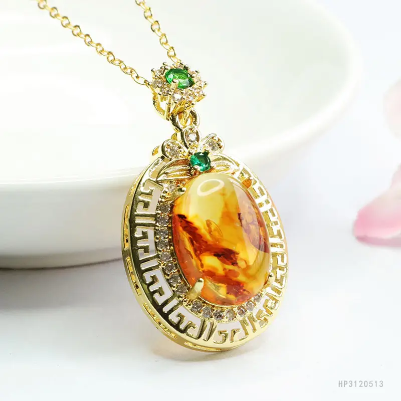 Guan Yu Natural Amber Pendant Necklace Ethnic Style Gold - Image 4