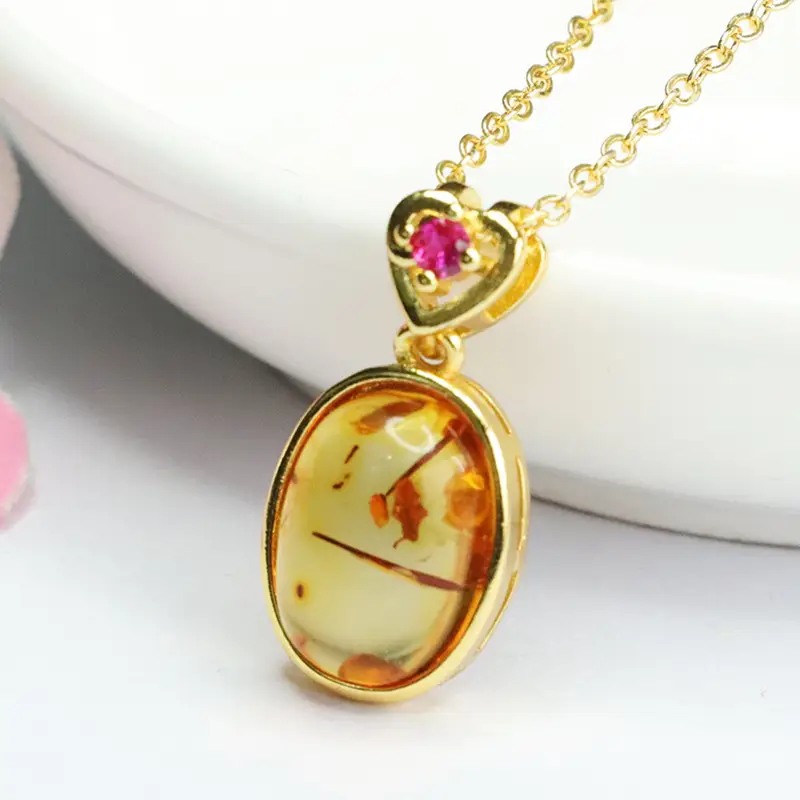 Natural Amber Pendant Necklace for Women Gold Plated - Image 3