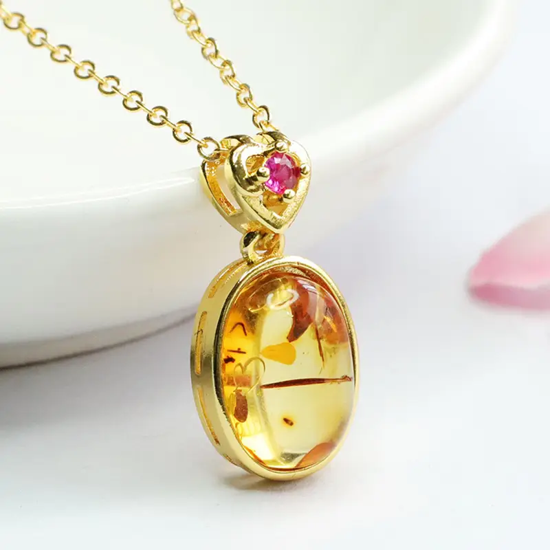 Natural Amber Pendant Necklace for Women Gold Plated - Image 4