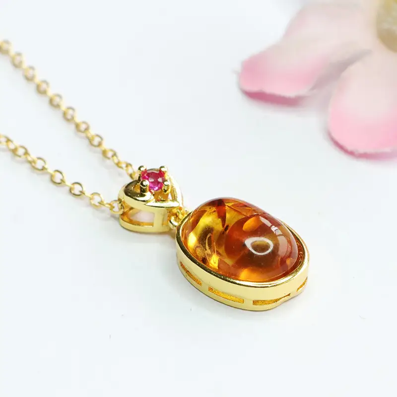 Natural Amber Pendant Necklace for Women Gold Plated - Image 5