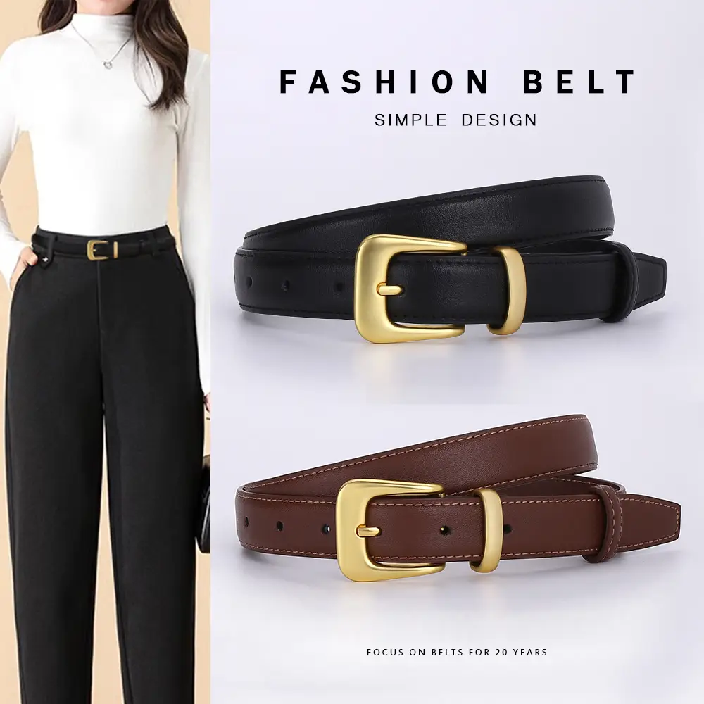 Women's Korean Style Brown Cowhide Belt with Gold Buckle
