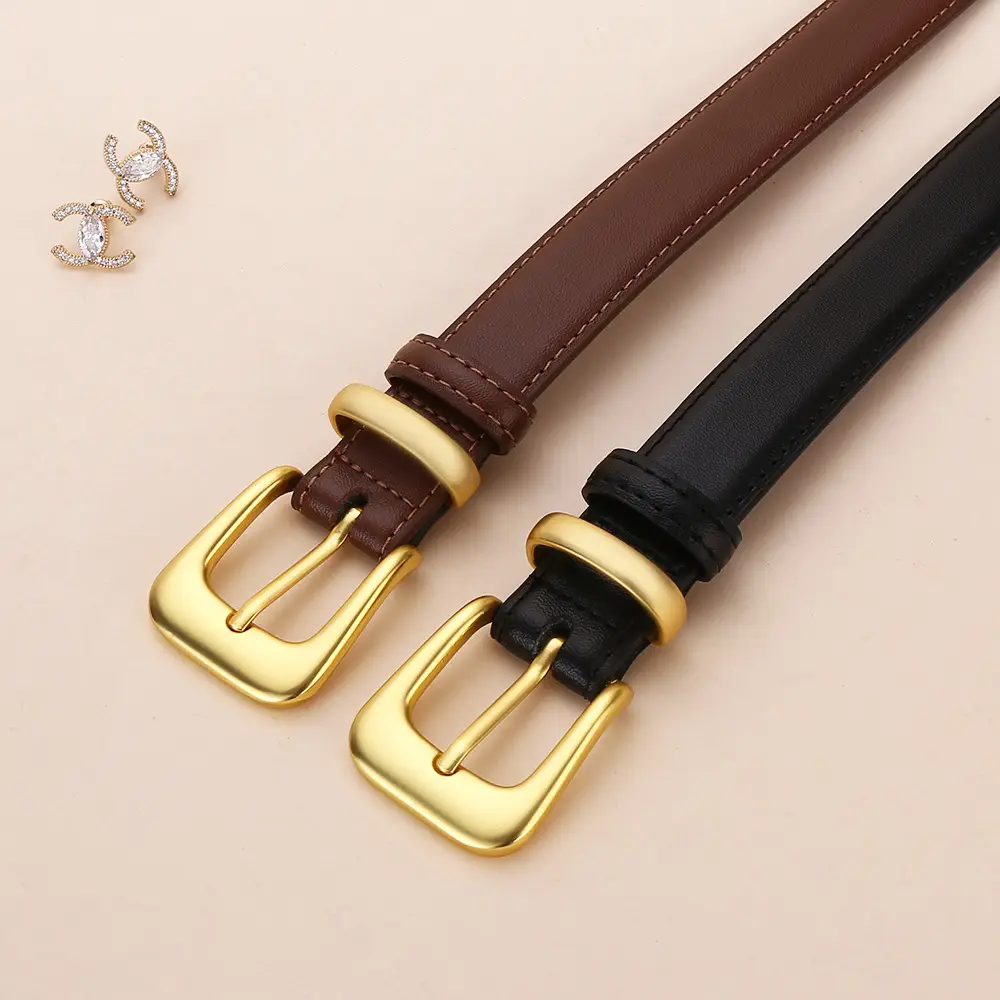 Women's Korean Style Brown Cowhide Belt with Gold Buckle