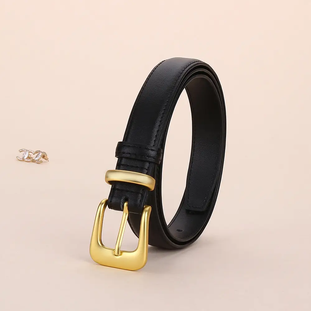 Women's Korean Style Brown Cowhide Belt with Gold Buckle