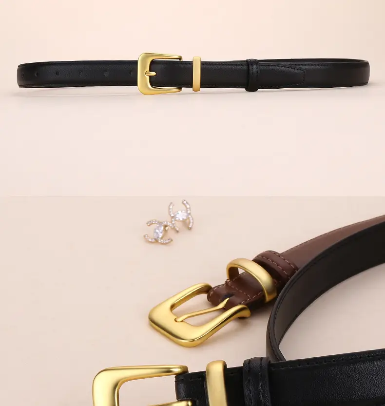 Women's Korean Style Brown Cowhide Belt with Gold Buckle — feature 17