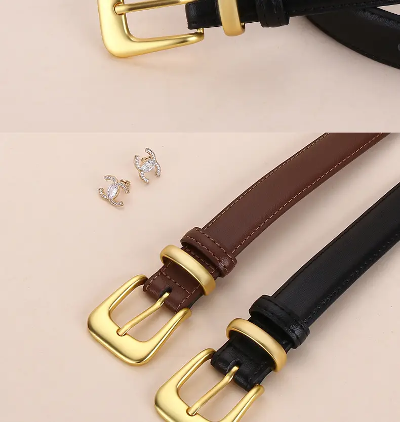 Women's Korean Style Brown Cowhide Belt with Gold Buckle — feature 18