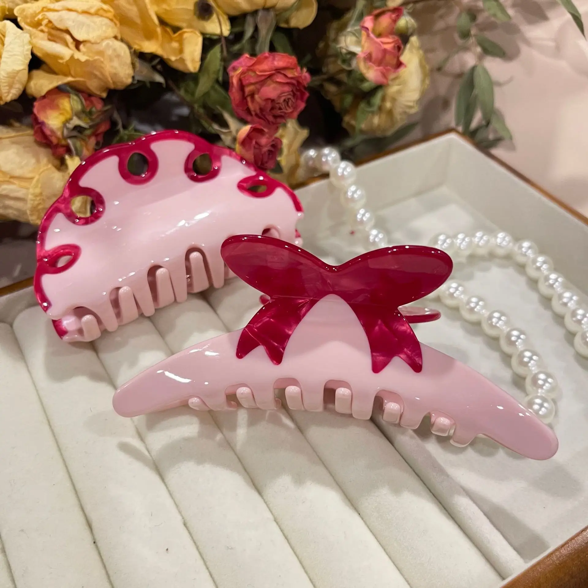 Pink Bow Hair Clip with Pearl Beads for Women - Image 4