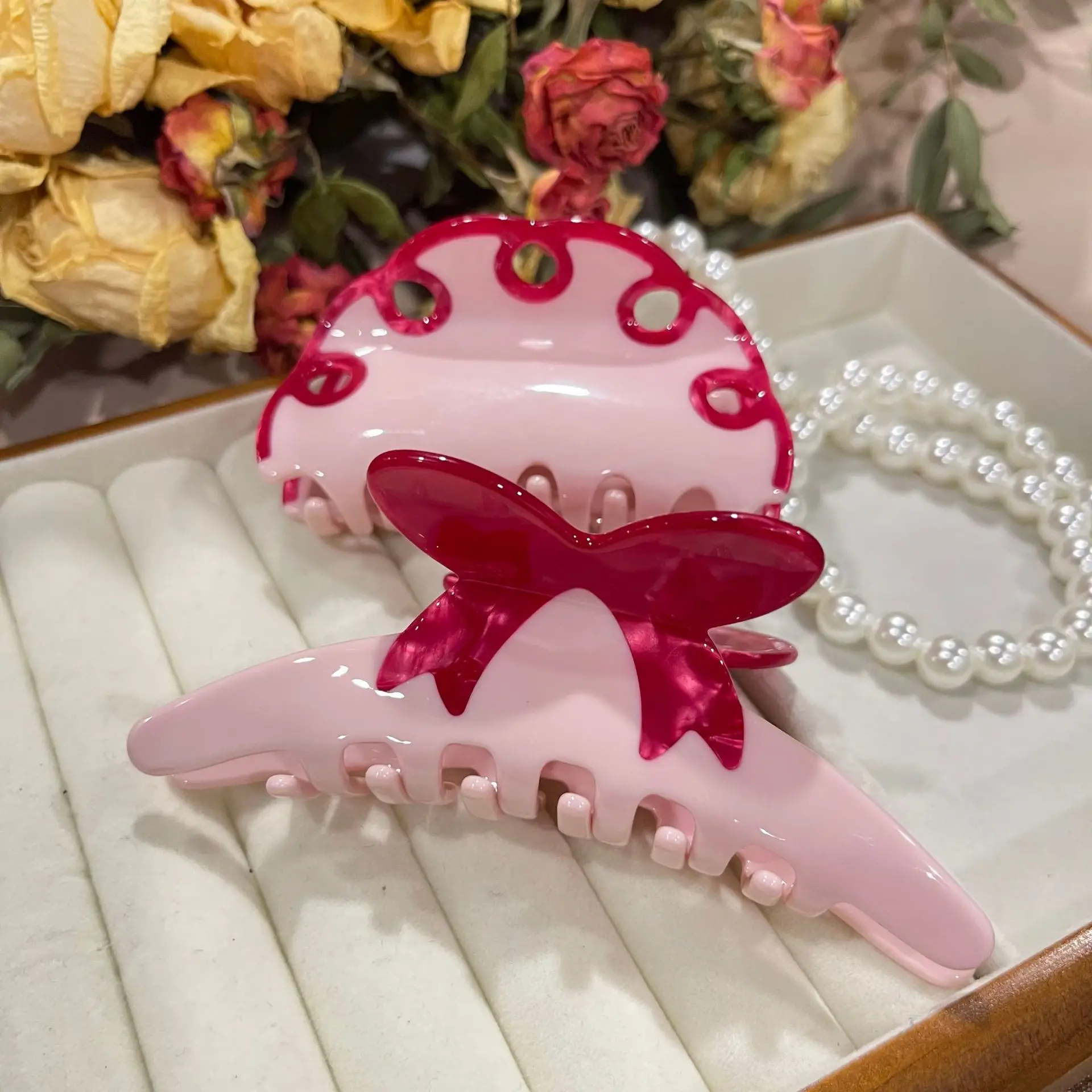 Pink Bow Hair Clip with Pearl Beads for Women - Image 5