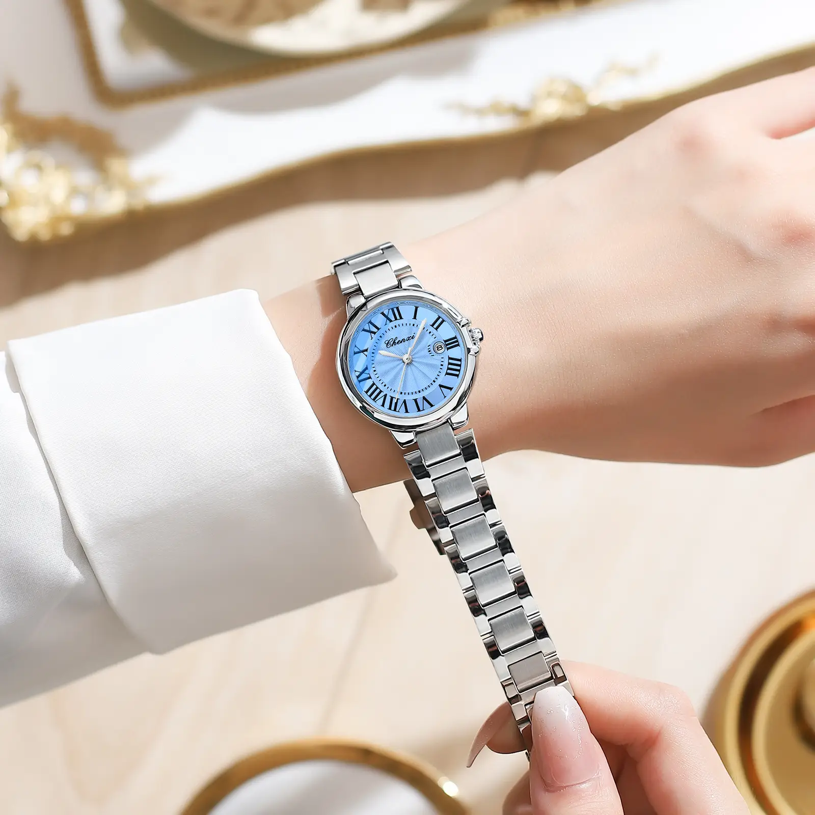 Chenxi Roman Couple Watches Blue Pink White Steel Belt - Image 7