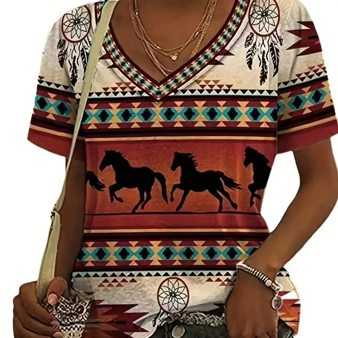 2023 foreign trade cross-border women's clothing fashion loose V-neck digital printing Western style short-sleeved blouse 7037
