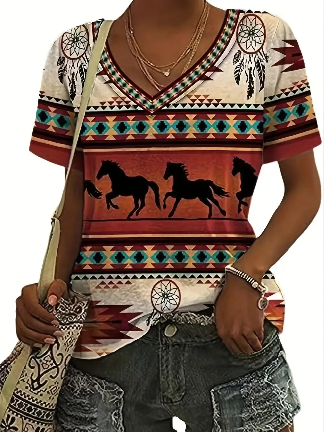 2023 foreign trade cross-border women's clothing fashion loose V-neck digital printing Western style short-sleeved blouse 7037