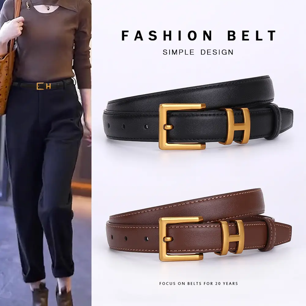H-Style Women's Black Leather Belt with Gold Buckle - Image 3