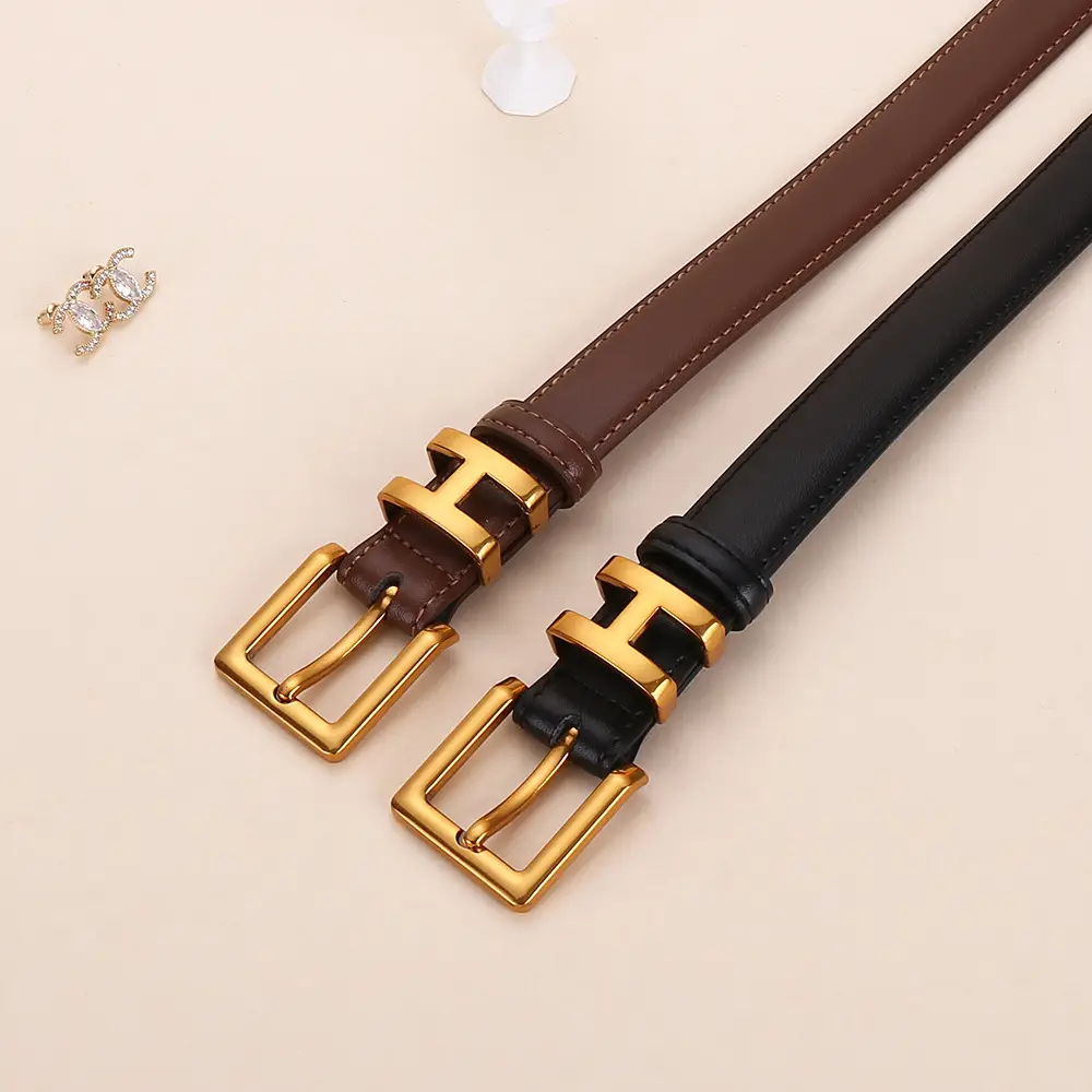 H-Style Women's Black Leather Belt with Gold Buckle - Image 4