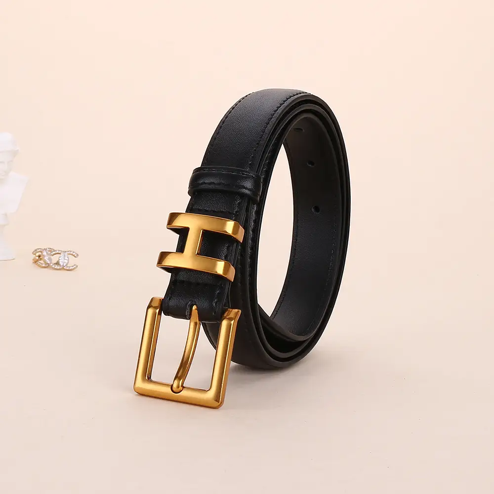 H-Style Women's Black Leather Belt with Gold Buckle - Image 5