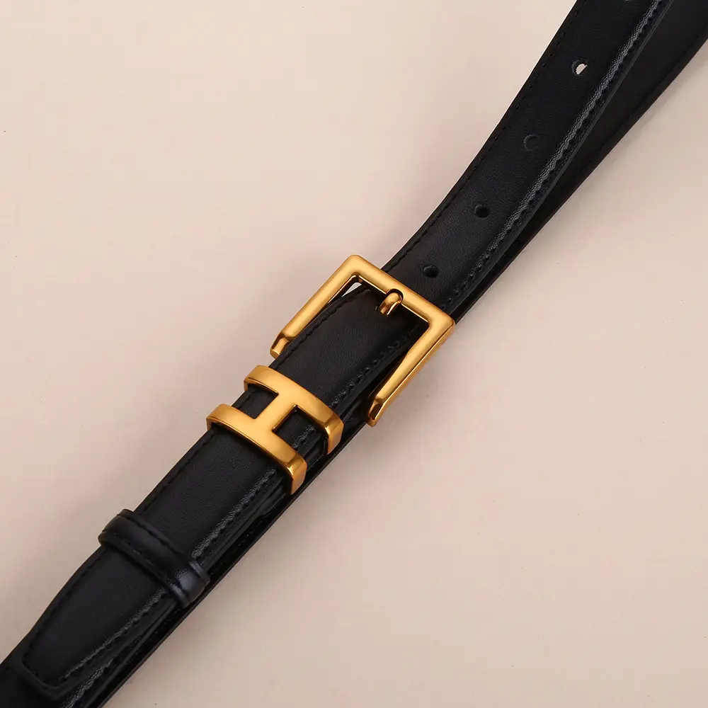 H-Style Women's Black Leather Belt with Gold Buckle - Image 6