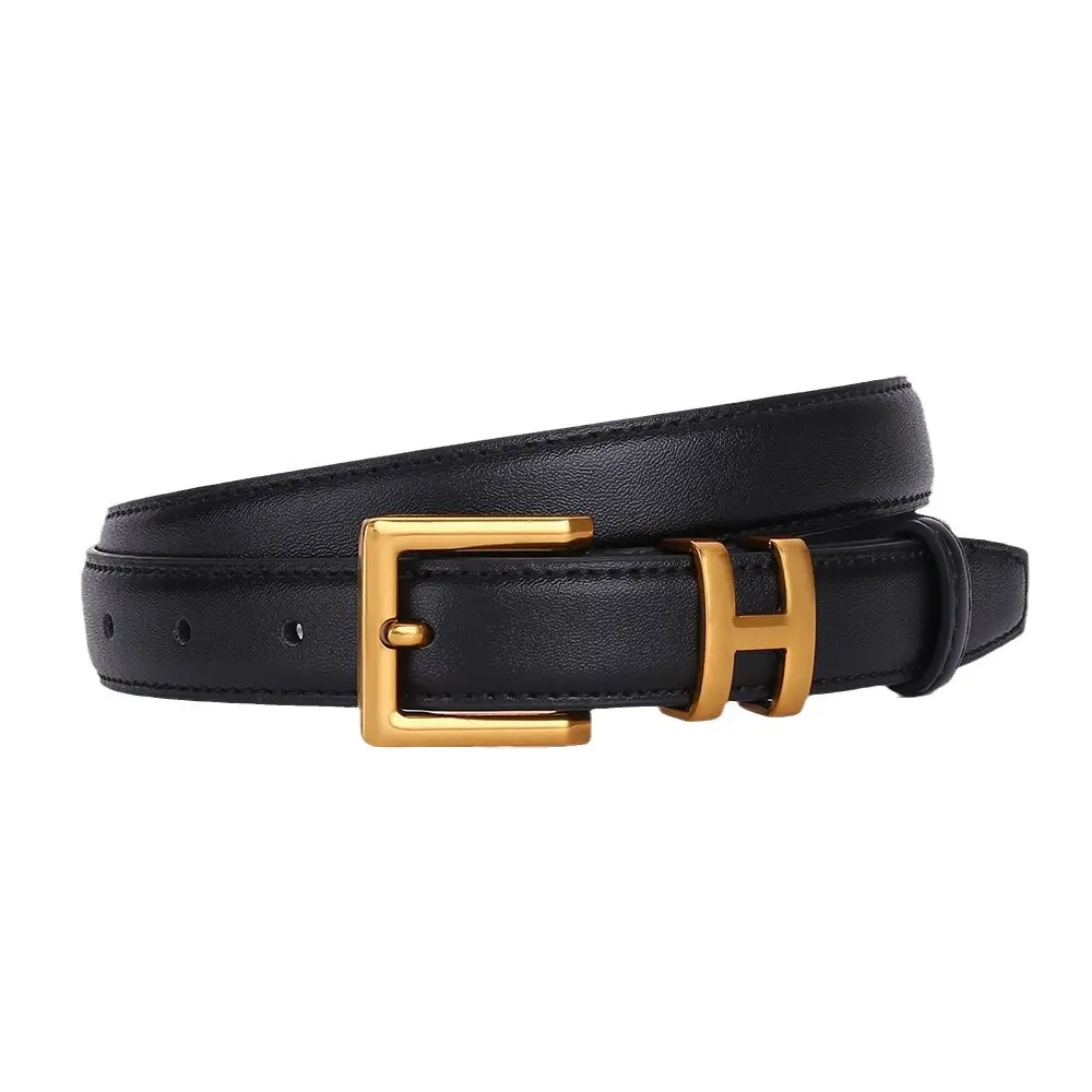 H-Style Women's Black Leather Belt with Gold Buckle - Image 7