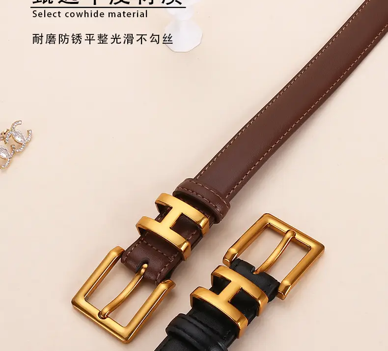 H-Style Women's Black Leather Belt with Gold Buckle — feature 11