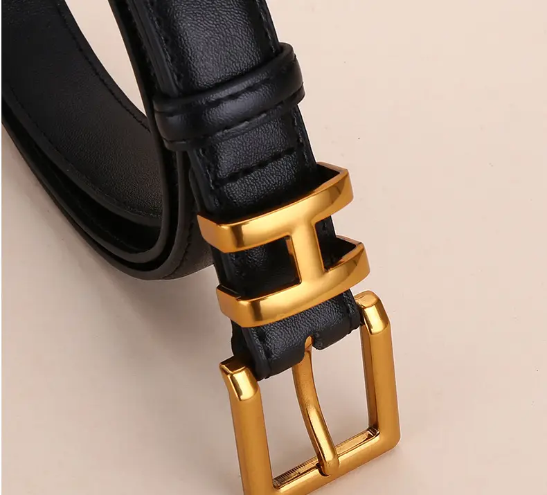 H-Style Women's Black Leather Belt with Gold Buckle — feature 17