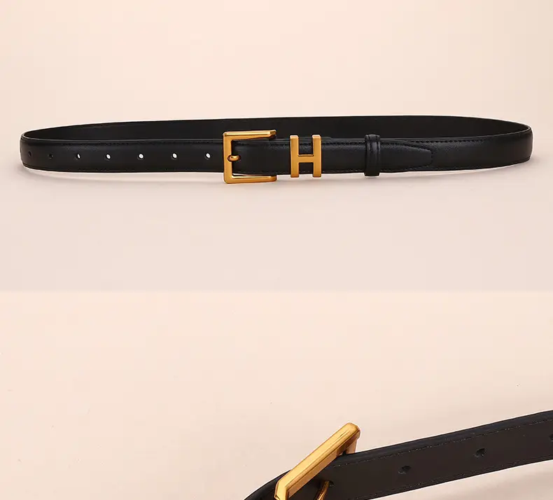 H-Style Women's Black Leather Belt with Gold Buckle — feature 20