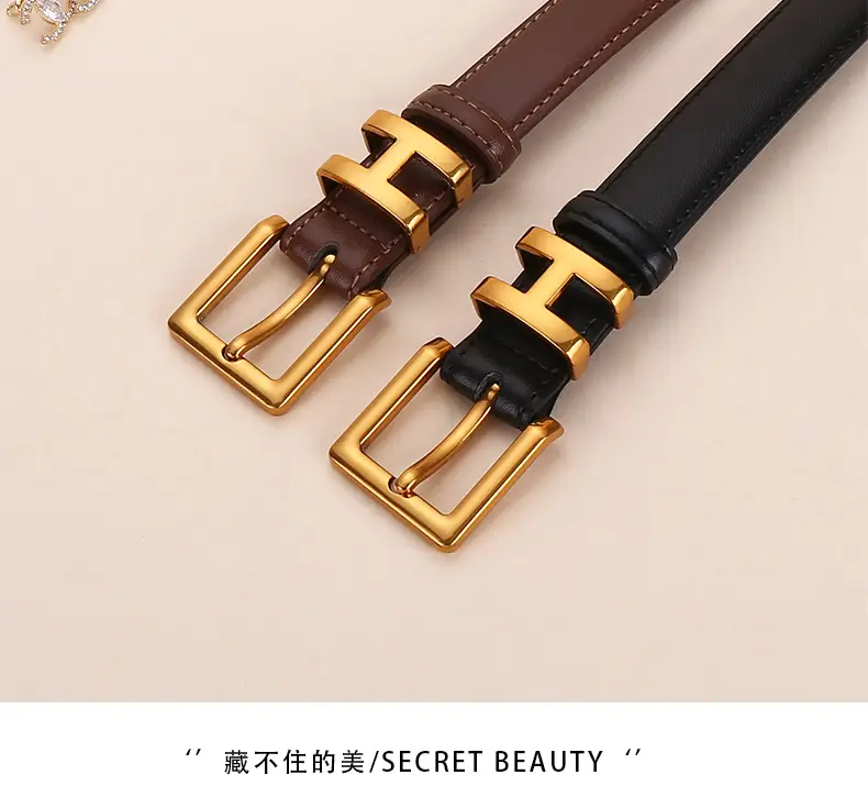 H-Style Women's Black Leather Belt with Gold Buckle — feature 3