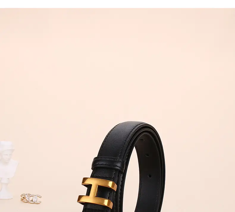 H-Style Women's Black Leather Belt with Gold Buckle — feature 4