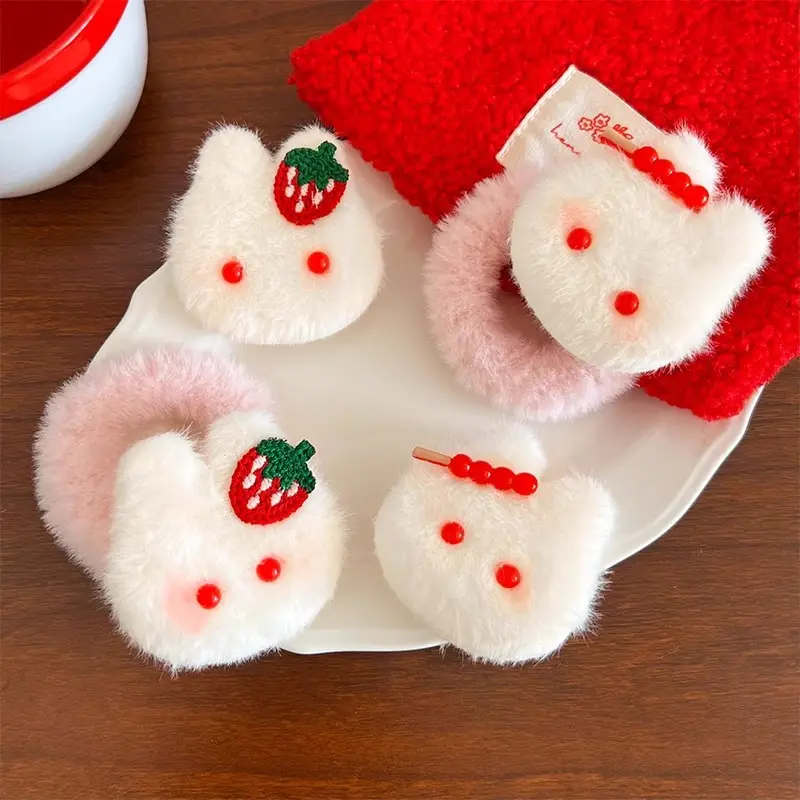 Autumn Winter Plush Hair Ring with Strawberry Design - Image 7