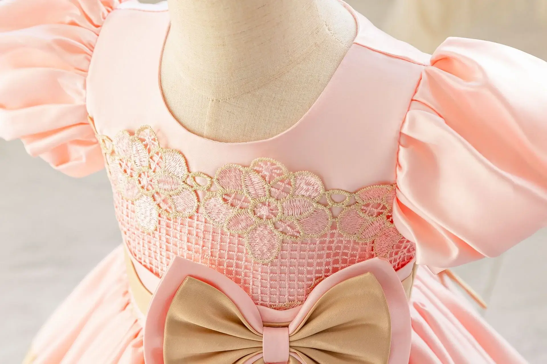 Girls' Pink Satin Bow Dress with Lace Puff Sleeves — feature 10