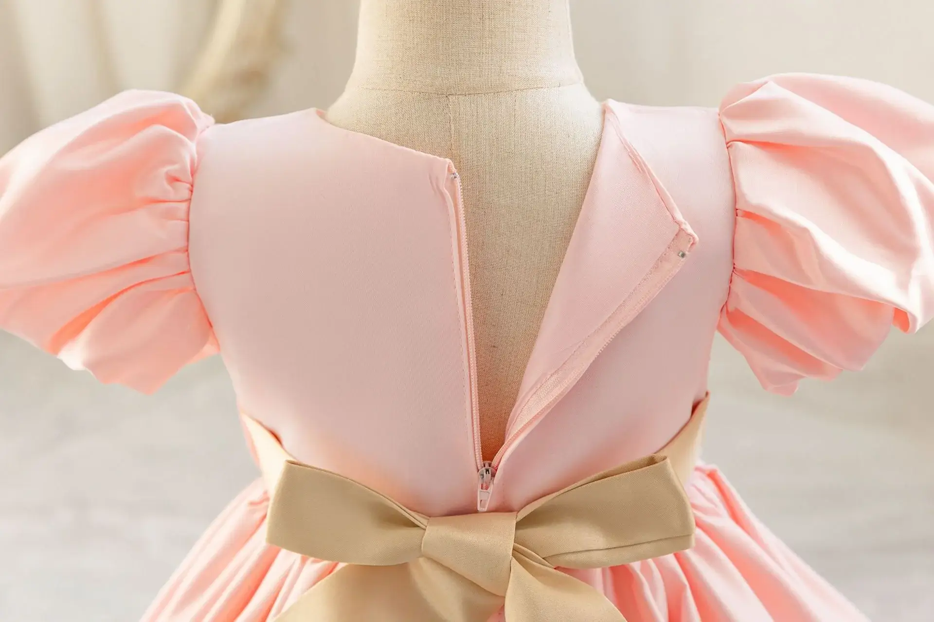 Girls' Pink Satin Bow Dress with Lace Puff Sleeves — feature 12