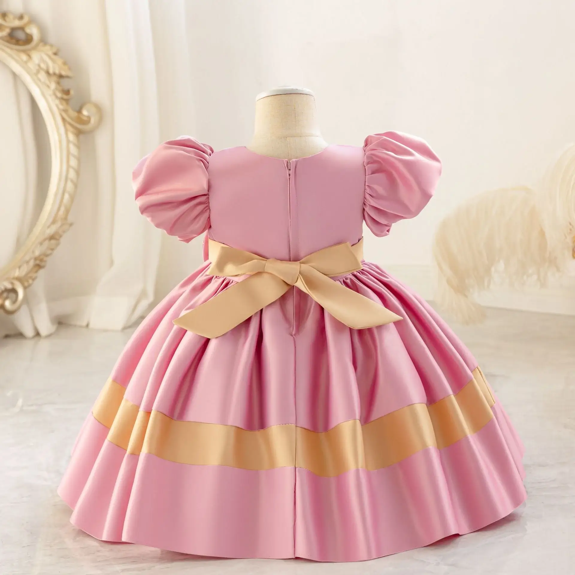 Girls' Pink Satin Bow Dress with Lace Puff Sleeves — feature 13