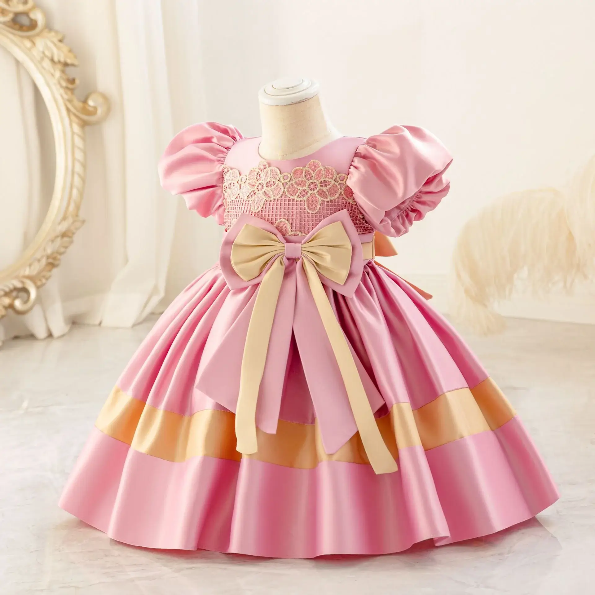 Girls' Pink Satin Bow Dress with Lace Puff Sleeves — feature 15