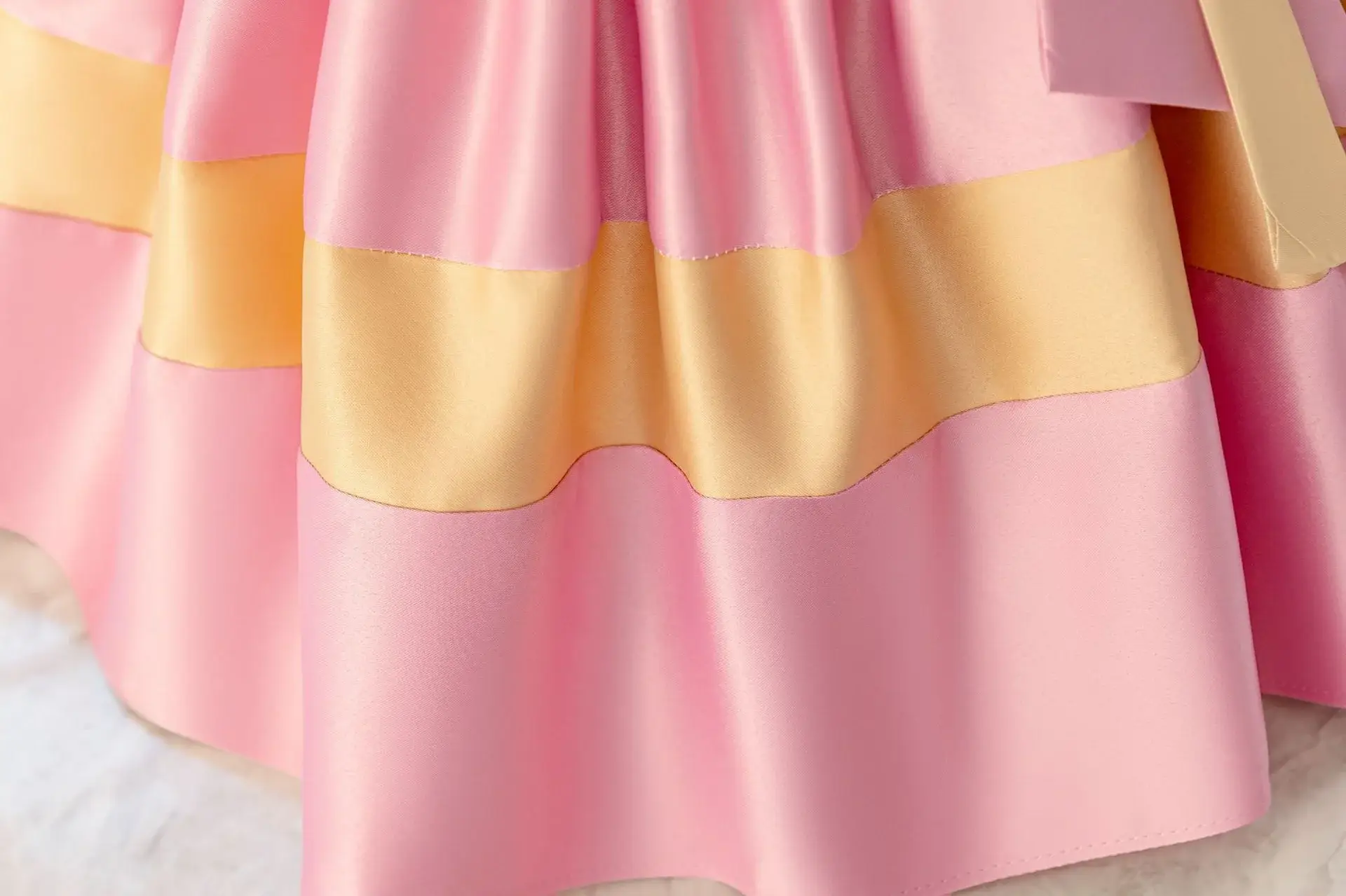 Girls' Pink Satin Bow Dress with Lace Puff Sleeves — feature 16