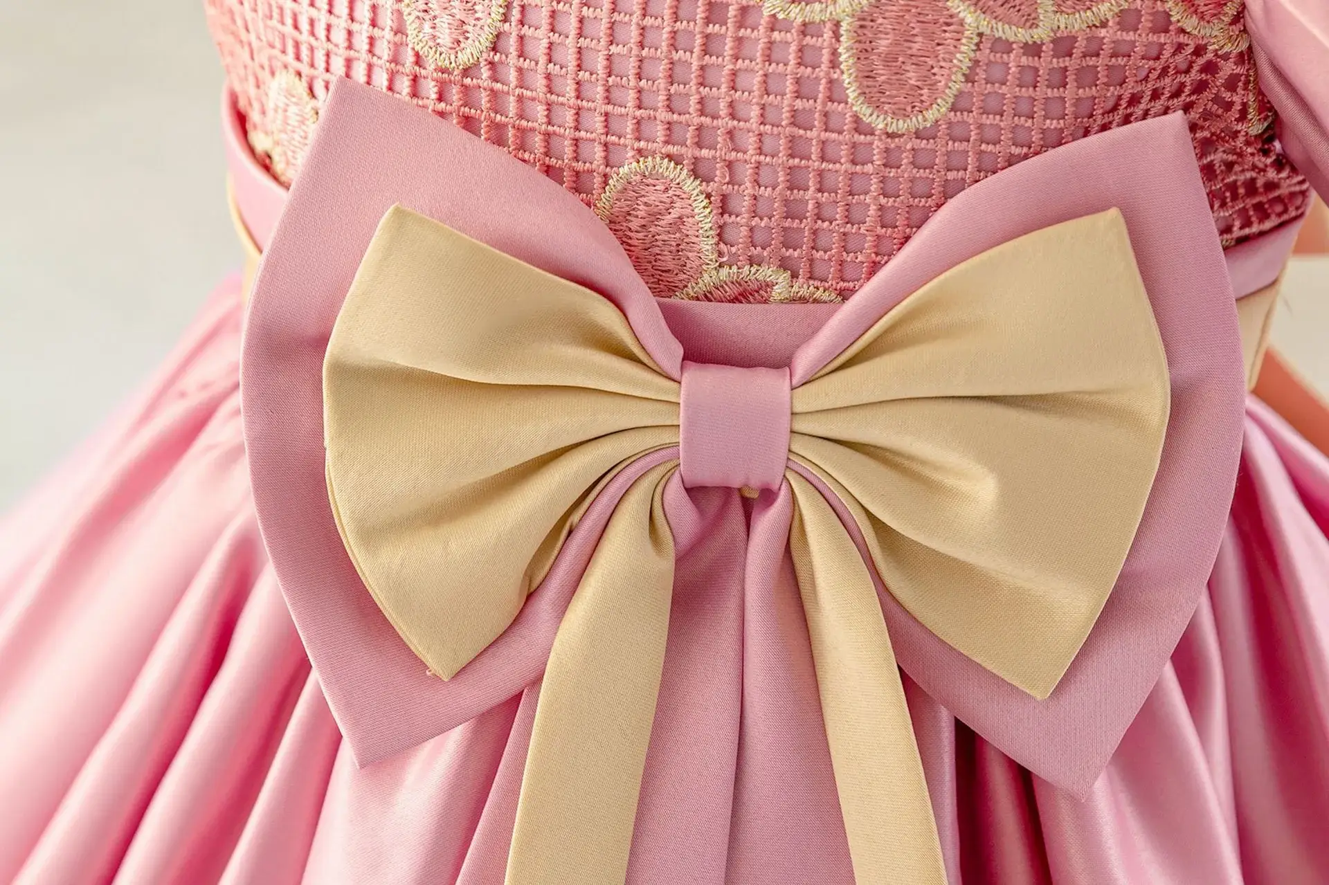 Girls' Pink Satin Bow Dress with Lace Puff Sleeves — feature 17