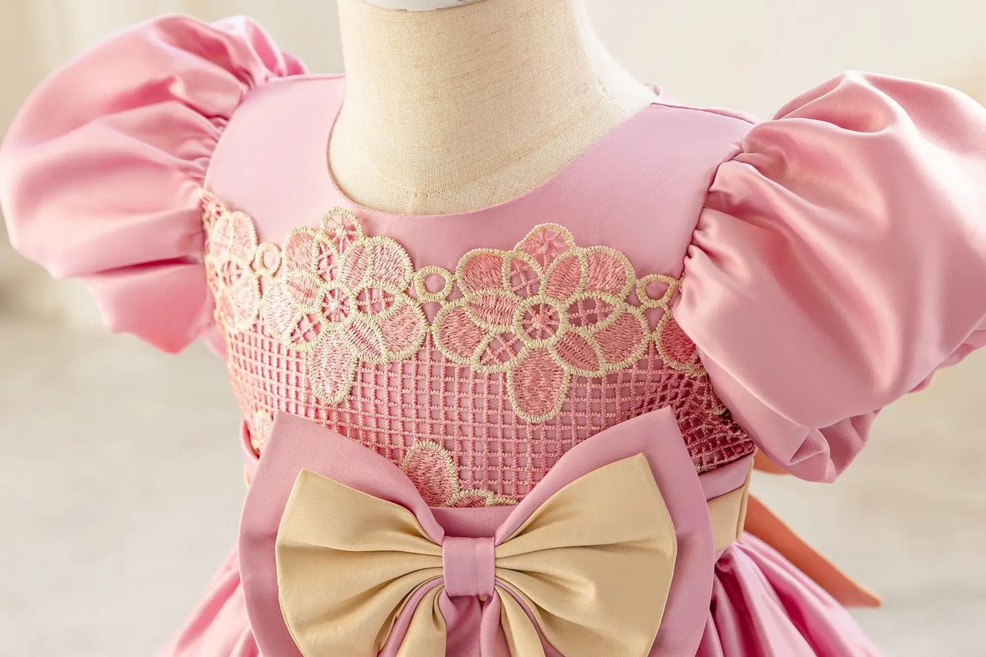 Girls' Pink Satin Bow Dress with Lace Puff Sleeves — feature 18