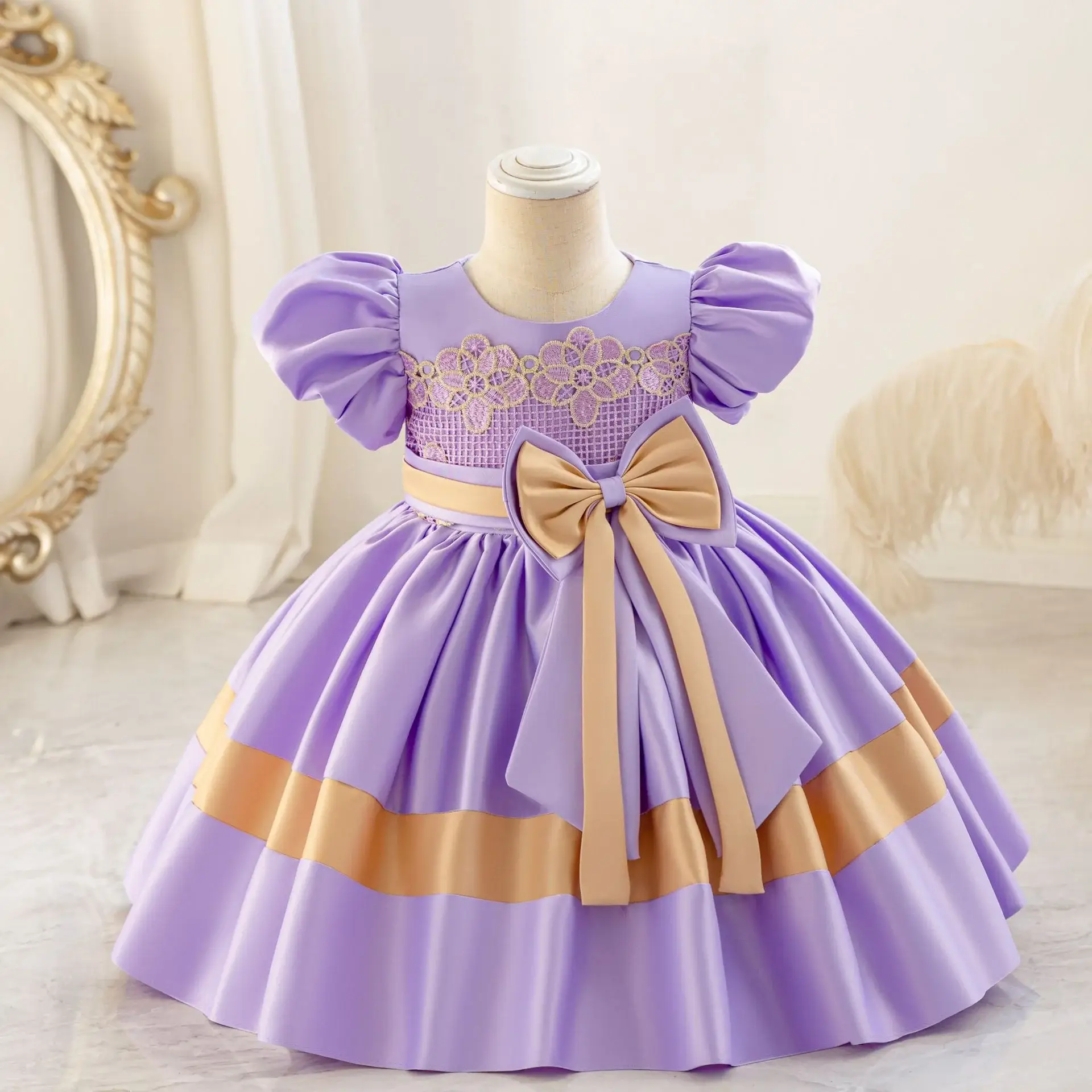 Girls' Pink Satin Bow Dress with Lace Puff Sleeves — feature 19